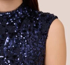 Adrianna Papell Sequin Lace Sleeveless Midi Dress With Mock Neck In Navy -Allure Attire AP1E210621 AA412 Regular Lifestyle