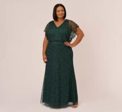 Adrianna Papell Plus Size Beaded Blouson Mermaid Gown With Sheer Dolman Sleeves In Dusty Emerald