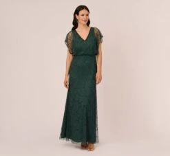 Adrianna Papell Beaded Blouson Mermaid Gown With Sheer Dolman Sleeves In Dusty Emerald