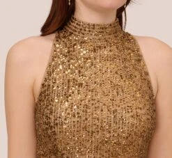 Adrianna Papell Beaded Halter Dress With Fringe Details In Copper -Allure Attire AP1E210625 AA908 Regular Detail