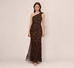 Adrianna Papell One Shoulder Beaded Mermaid Gown In Chocolate