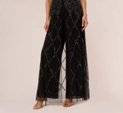 Adrianna Papell Beaded Wide Leg Jumpsuit With Georgette Overlay In Black -Allure Attire AP1E210644 AA002 Regular Lifestyle