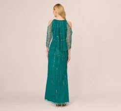 Adrianna Papell Cold Shoulder Beaded Cape Gown In Vivid Emerald -Allure Attire AP1E210651 AA314 Regular Back