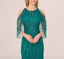 Adrianna Papell Cold Shoulder Beaded Cape Gown In Vivid Emerald -Allure Attire AP1E210651 AA314 Regular Detail