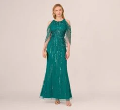 Adrianna Papell Cold Shoulder Beaded Cape Gown In Vivid Emerald -Allure Attire AP1E210651 AA314 Regular Side