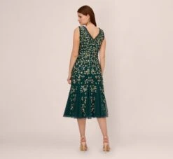 Adrianna Papell Floral Beaded Midi Dress With Godet Skirt In Gem Green 10 Adrianna Papell Floral Beaded Midi Dress With Godet Skirt In Gem Green -Allure Attire AP1E210652 AW303 Regular Back