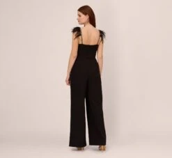 Adrianna Papell Crepe Wide Leg Jumpsuit With Bead And Feather Accents In Black 9 Adrianna Papell Crepe Wide Leg Jumpsuit With Bead And Feather Accents In Black -Allure Attire AP1E210659 AA002 Regular Back