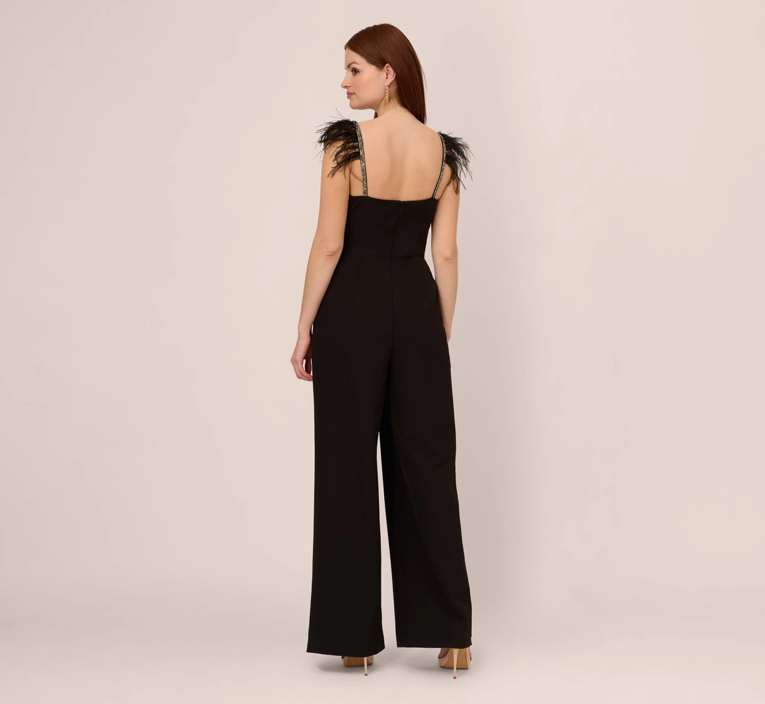 Adrianna Papell Crepe Wide Leg Jumpsuit With Bead And Feather Accents In Black 4 Adrianna Papell Crepe Wide Leg Jumpsuit With Bead And Feather Accents In Black - Image 4