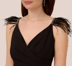 Adrianna Papell Crepe Wide Leg Jumpsuit With Bead And Feather Accents In Black 10 Adrianna Papell Crepe Wide Leg Jumpsuit With Bead And Feather Accents In Black -Allure Attire AP1E210659 AA002 Regular Detail