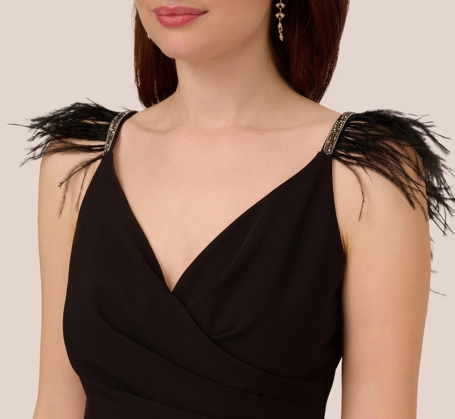 Adrianna Papell Crepe Wide Leg Jumpsuit With Bead And Feather Accents In Black 5 Adrianna Papell Crepe Wide Leg Jumpsuit With Bead And Feather Accents In Black - Image 5