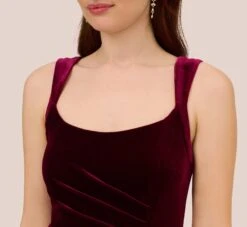 Adrianna Papell Sleeveless Shirred Velvet Mermaid Gown With Ruffle Accent In Burgundy -Allure Attire AP1E210662 AC506 Regular Detail