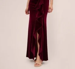 Adrianna Papell Sleeveless Shirred Velvet Mermaid Gown With Ruffle Accent In Burgundy -Allure Attire AP1E210662 AC506 Regular Lifestyle