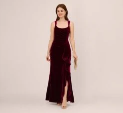 Adrianna Papell Sleeveless Shirred Velvet Mermaid Gown With Ruffle Accent In Burgundy -Allure Attire AP1E210662 AC506 Regular Side