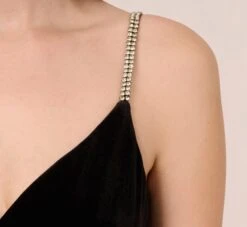 Adrianna Papell Velvet Ankle-Length Wrap Gown With Stone Straps In Black -Allure Attire AP1E210665 AA002 Regular Detail