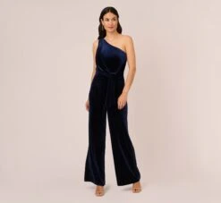 Adrianna Papell One Shoulder Velvet Jumpsuit With Draped Accent In Midnight