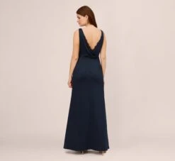 Adrianna Papell Satin Crepe Mermaid Gown With Lace Accent Cowl Back In Dark Navy -Allure Attire AP1E210671 AB010 Regular Back