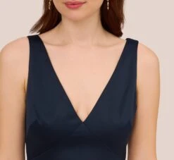 Adrianna Papell Satin Crepe Mermaid Gown With Lace Accent Cowl Back In Dark Navy -Allure Attire AP1E210671 AB010 Regular Detail