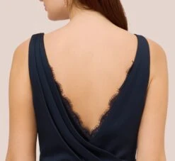 Adrianna Papell Satin Crepe Mermaid Gown With Lace Accent Cowl Back In Dark Navy -Allure Attire AP1E210671 AB010 Regular Lifestyle