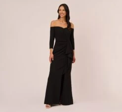 Adrianna Papell Off The Shoulder Cascading Ruffle Gown In Black