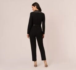Adrianna Papell Long Sleeve Tuxedo Jumpsuit With Crystal Trim In Black -Allure Attire AP1E210678 AA002 Regular Back