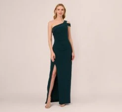 Adrianna Papell One Shoulder Column Gown With Cutout Shoulder In Hunter