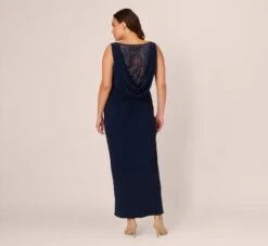 Adrianna Papell Plus Size Sleeveless Jersey Gown With Embellished Lace Cowl Back In Midnight -Allure Attire AP1E210681 AB411 Plus Back
