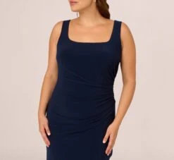 Adrianna Papell Plus Size Sleeveless Jersey Gown With Embellished Lace Cowl Back In Midnight -Allure Attire AP1E210681 AB411 Plus Detail