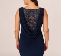 Adrianna Papell Plus Size Sleeveless Jersey Gown With Embellished Lace Cowl Back In Midnight -Allure Attire AP1E210681 AB411 Plus Lifestyle