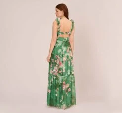 Adrianna Papell Floral Chiffon Tiered Gown With Ruffle Details In Green Multi -Allure Attire AP1E210741 AA390 Regular Back