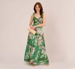 Adrianna Papell Floral Chiffon Tiered Gown With Ruffle Details In Green Multi