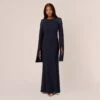 Adrianna Papell Crepe Mermaid Gown With Beaded Cape Sleeves In Midnight