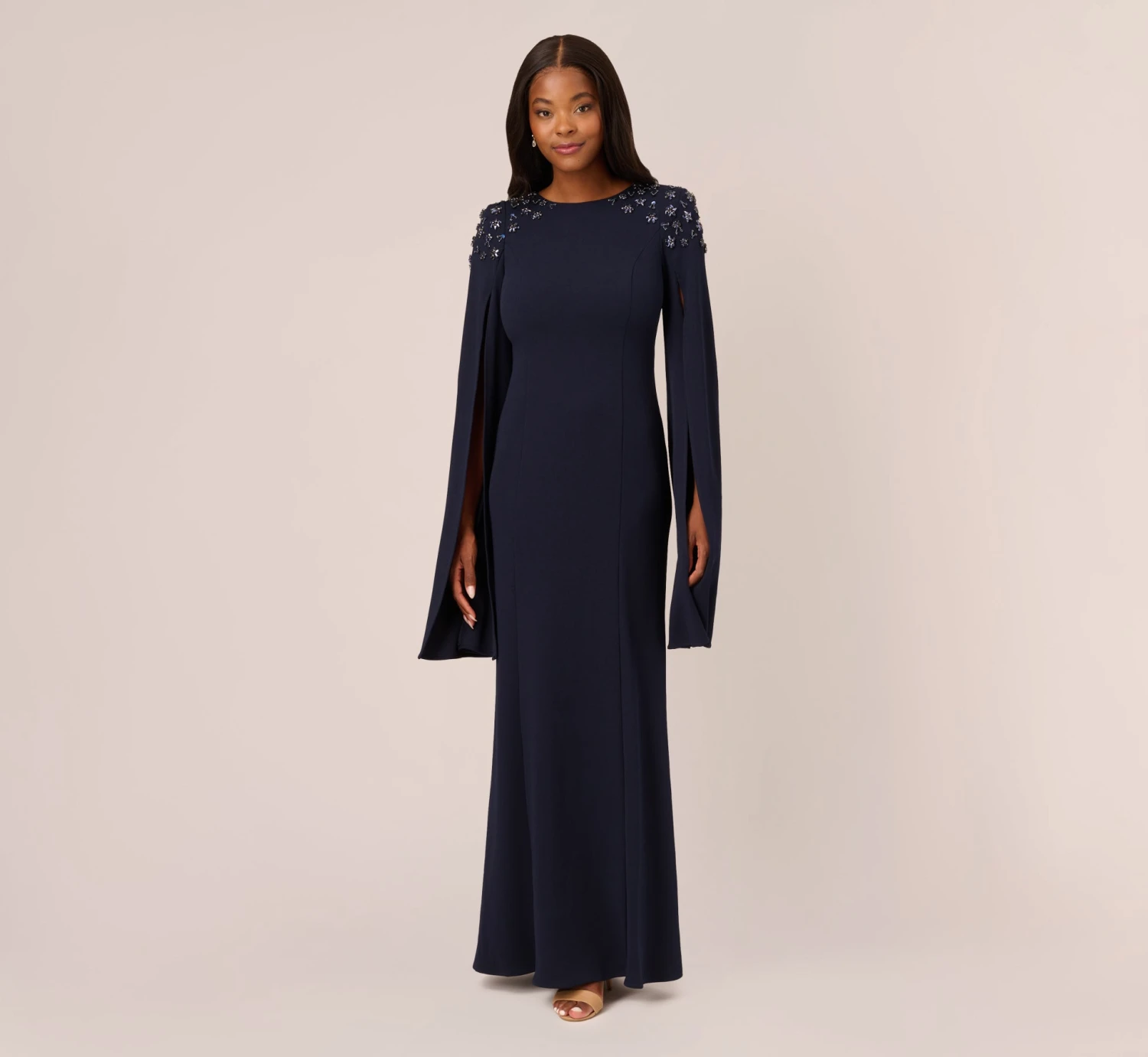 Adrianna Papell Crepe Mermaid Gown With Beaded Cape Sleeves In Midnight 1 Adrianna Papell Crepe Mermaid Gown With Beaded Cape Sleeves In Midnight