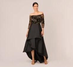 Adrianna Papell Beaded Taffeta Ball Gown With Three-Quarter Sleeves In Black Gold
