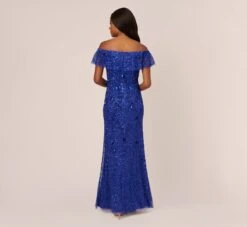 Adrianna Papell Beaded Off The Shoulder Mermaid Gown With Flutter Neck In Ultra Blue 11 Adrianna Papell Beaded Off The Shoulder Mermaid Gown With Flutter Neck In Ultra Blue -Allure Attire AP1E210785 AZ401 Regular Back