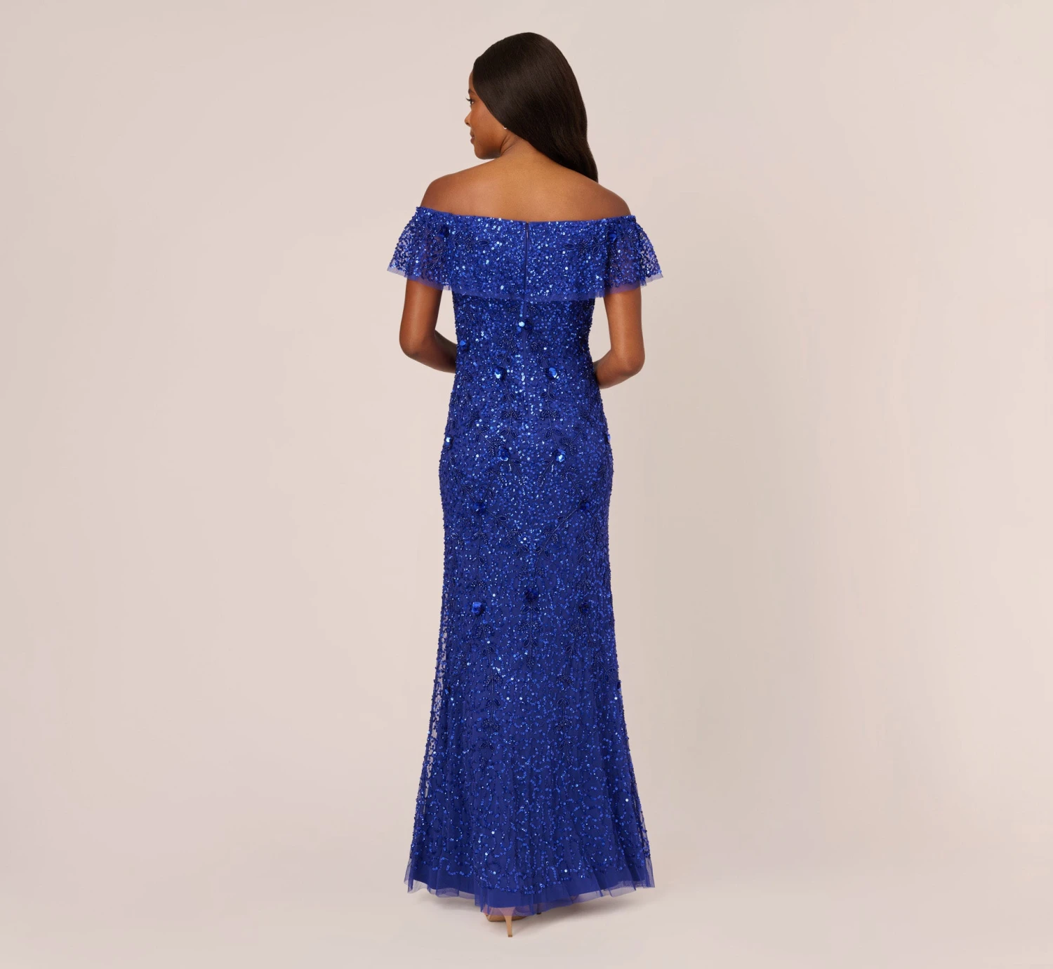 Adrianna Papell Beaded Off The Shoulder Mermaid Gown With Flutter Neck In Ultra Blue 5 Adrianna Papell Beaded Off The Shoulder Mermaid Gown With Flutter Neck In Ultra Blue - Image 5