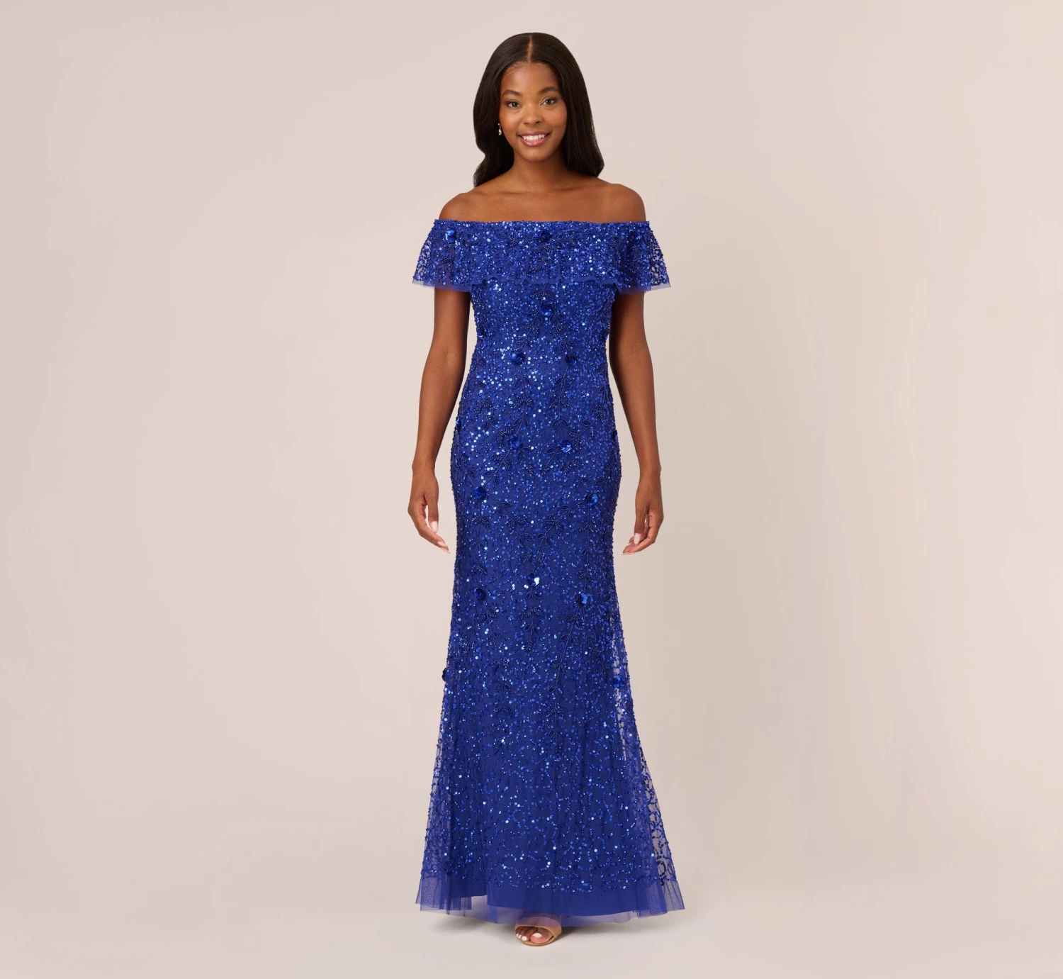Adrianna Papell Beaded Off The Shoulder Mermaid Gown With Flutter Neck In Ultra Blue 2 Adrianna Papell Beaded Off The Shoulder Mermaid Gown With Flutter Neck In Ultra Blue - Image 2