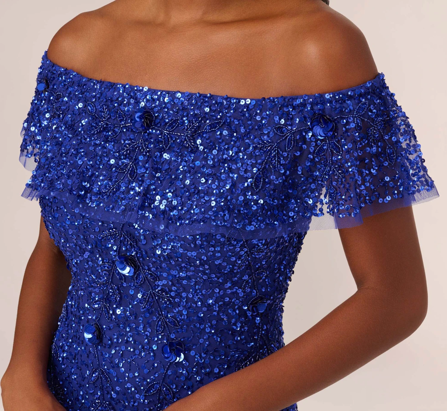 Adrianna Papell Beaded Off The Shoulder Mermaid Gown With Flutter Neck In Ultra Blue 4 Adrianna Papell Beaded Off The Shoulder Mermaid Gown With Flutter Neck In Ultra Blue - Image 4