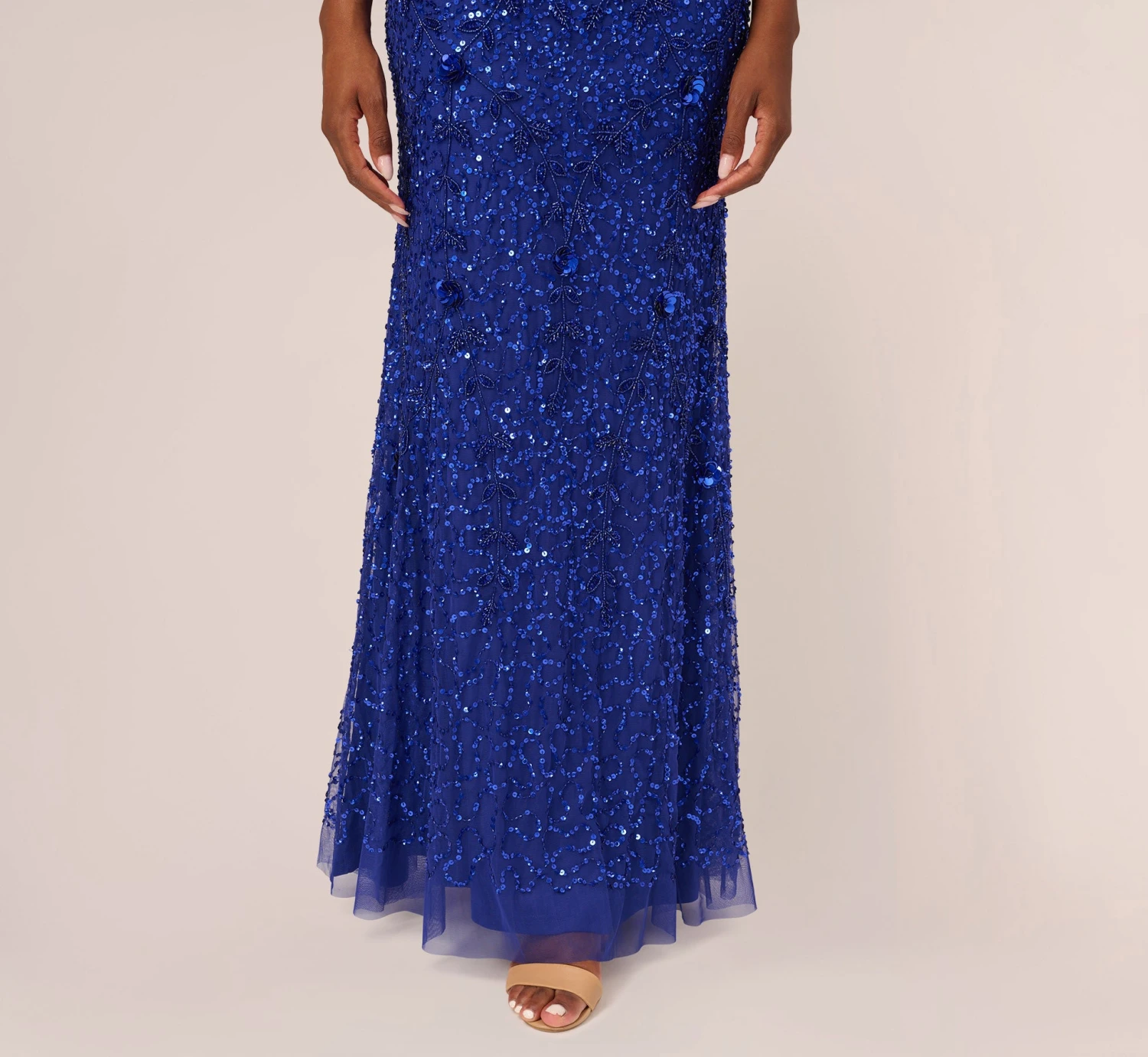 Adrianna Papell Beaded Off The Shoulder Mermaid Gown With Flutter Neck In Ultra Blue 6 Adrianna Papell Beaded Off The Shoulder Mermaid Gown With Flutter Neck In Ultra Blue - Image 6