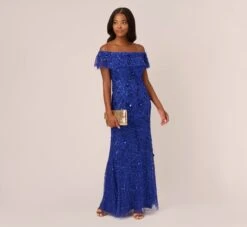 Adrianna Papell Beaded Off The Shoulder Mermaid Gown With Flutter Neck In Ultra Blue 9 Adrianna Papell Beaded Off The Shoulder Mermaid Gown With Flutter Neck In Ultra Blue -Allure Attire AP1E210785 AZ401 Regular Side