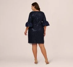 Adrianna Papell Plus Size Sequin Embroidered Dress With Taffeta Bell Sleeves In Midnight -Allure Attire AP1E210796 AB411 Plus Back