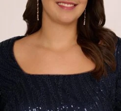 Adrianna Papell Plus Size Sequin Embroidered Dress With Taffeta Bell Sleeves In Midnight -Allure Attire AP1E210796 AB411 Plus Detail