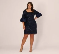 Adrianna Papell Plus Size Sequin Embroidered Dress With Taffeta Bell Sleeves In Midnight -Allure Attire AP1E210796 AB411 Plus Front