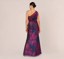 Adrianna Papell One Shoulder Jacquard Mermaid Gown With Drape Detail In Navy Orchid -Allure Attire AP1E210810 BG411 Regular Back