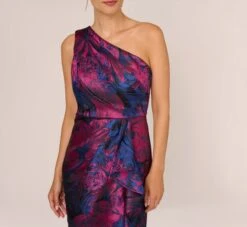 Adrianna Papell One Shoulder Jacquard Mermaid Gown With Drape Detail In Navy Orchid -Allure Attire AP1E210810 BG411 Regular Detail