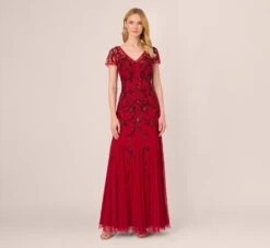 Adrianna Papell Short Sleeve Beaded Gown With Godet Skirt In Cranberry
