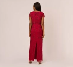 Adrianna Papell Beaded Scalloped Popover Gown With Short Sleeves In Cranberry -Allure Attire AP1E210817 AD601 Regular Back