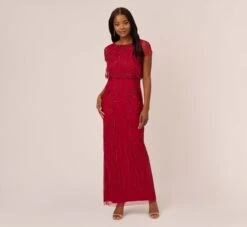 Adrianna Papell Beaded Scalloped Popover Gown With Short Sleeves In Cranberry