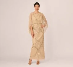Adrianna Papell Scallop Beaded Cape Column Gown In Gold