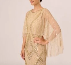 Adrianna Papell Scallop Beaded Cape Column Gown In Gold -Allure Attire AP1E210818 AA038 Regular Detail