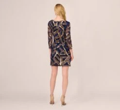 Adrianna Papell Geo Beaded Dress With Three Quarter Sleeves In Black Multi -Allure Attire AP1E210831 AA963 Regular Back